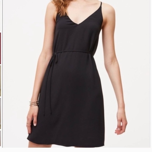 Loft Cross Back Spaghetti Strap Black Dress V neck belted - Picture 3 of 8